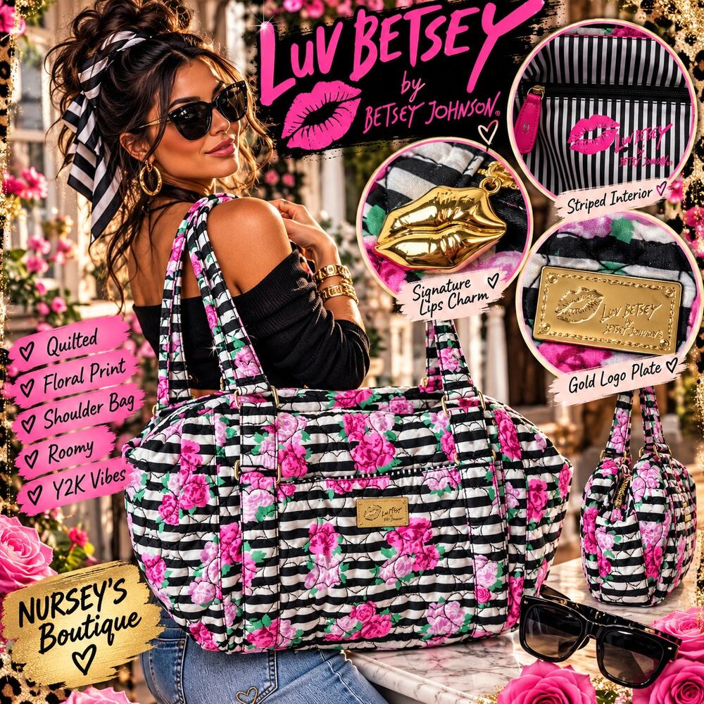 Luv Betsey Johnson Floral Stripe Quilted Shoulder Bag Roses Lips Y2K Coquette